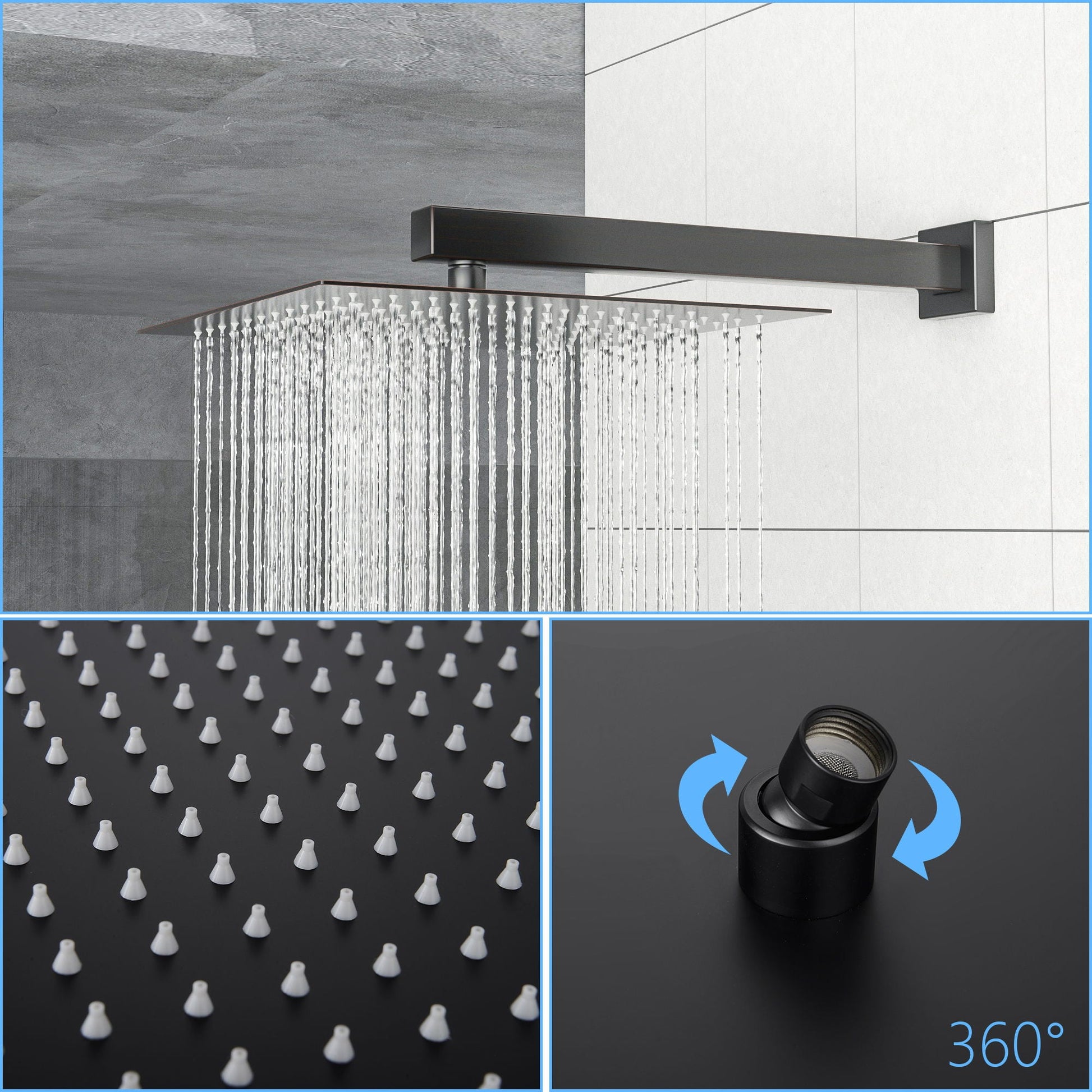 HouseOfZazla 10in square rainfall shower head with silicone nozzles oil-rubbed bronze on wall arm on Tampa Home & Garden Store