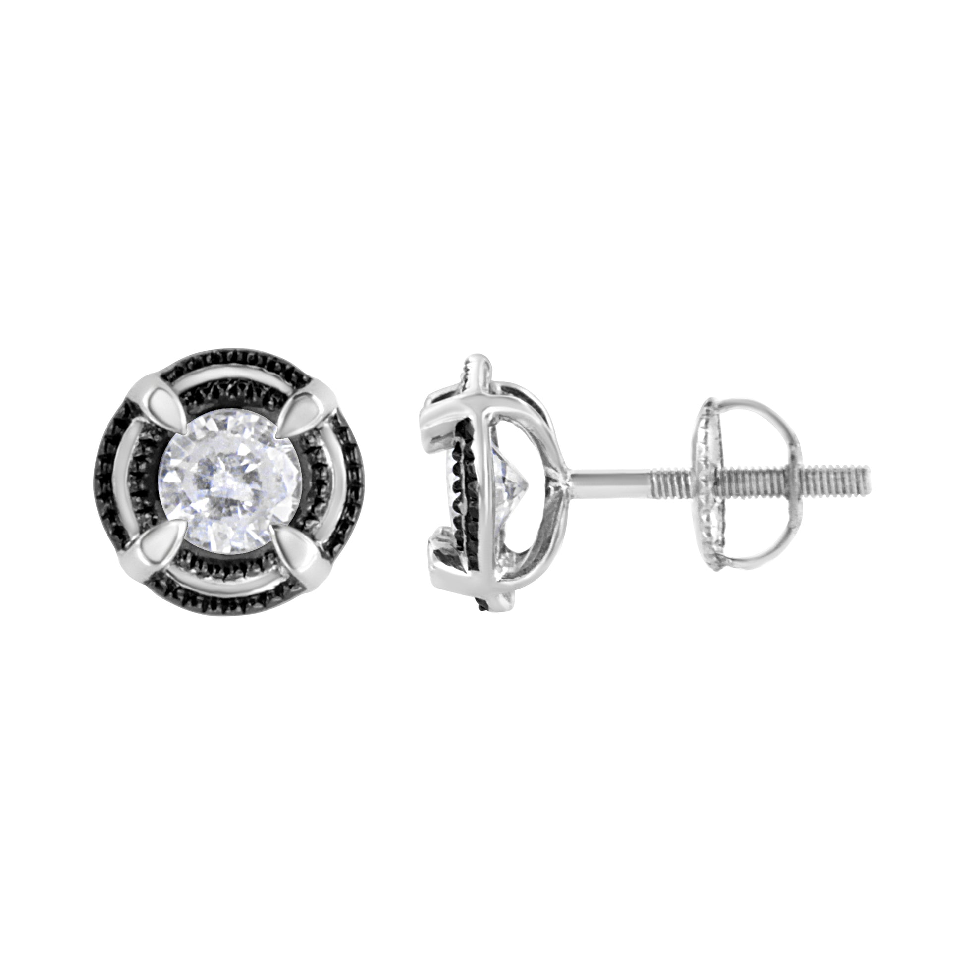 Diamond double halo stud earrings in black rhodium plated sterling silver milgrain 4-prong on Tampa Home & Garden Store