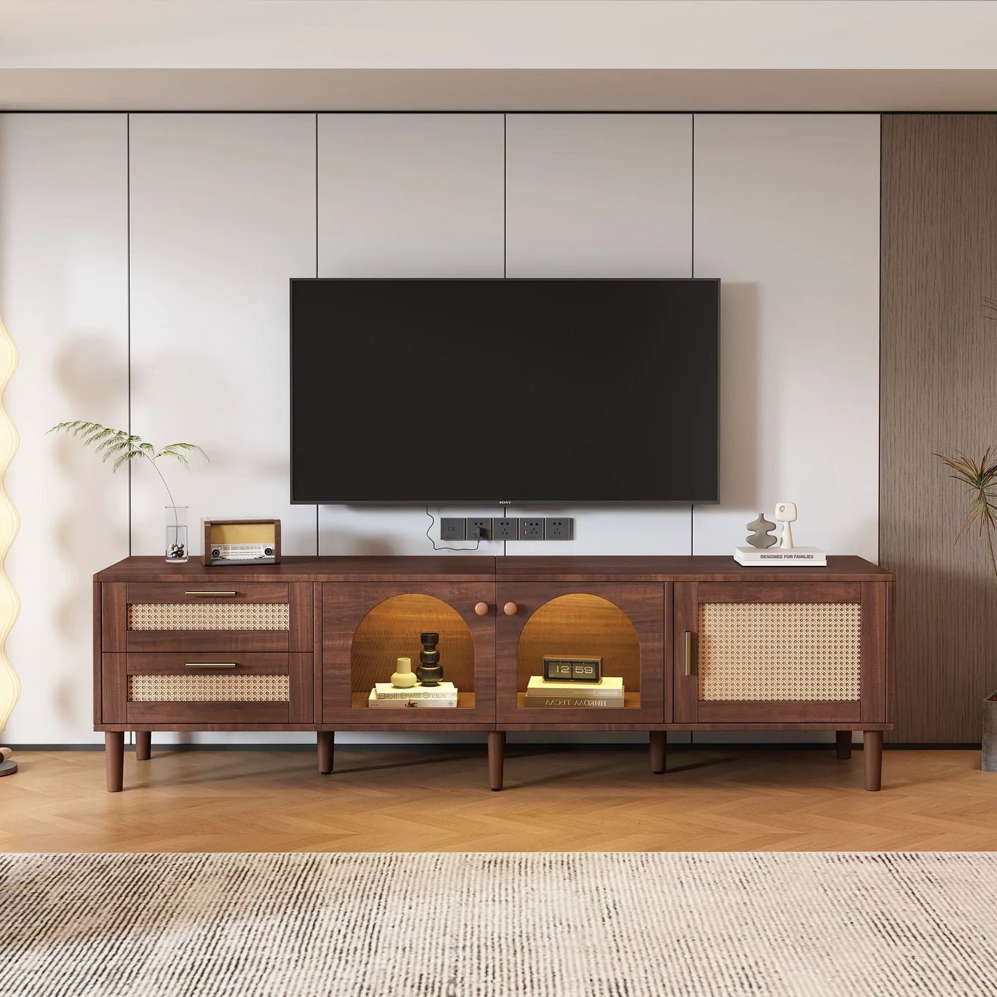 TV Stand With 3 Cabinets and 2 Drawers LED Light