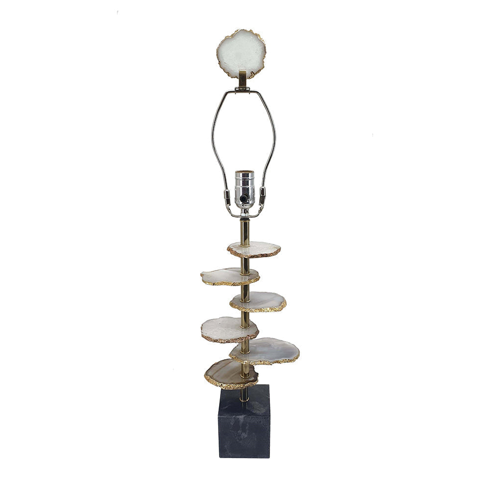 Smoke agate-slice table lamp with gold-edged marble discs on a brass stem and dark square marble base on Tampa Home & Garden Store