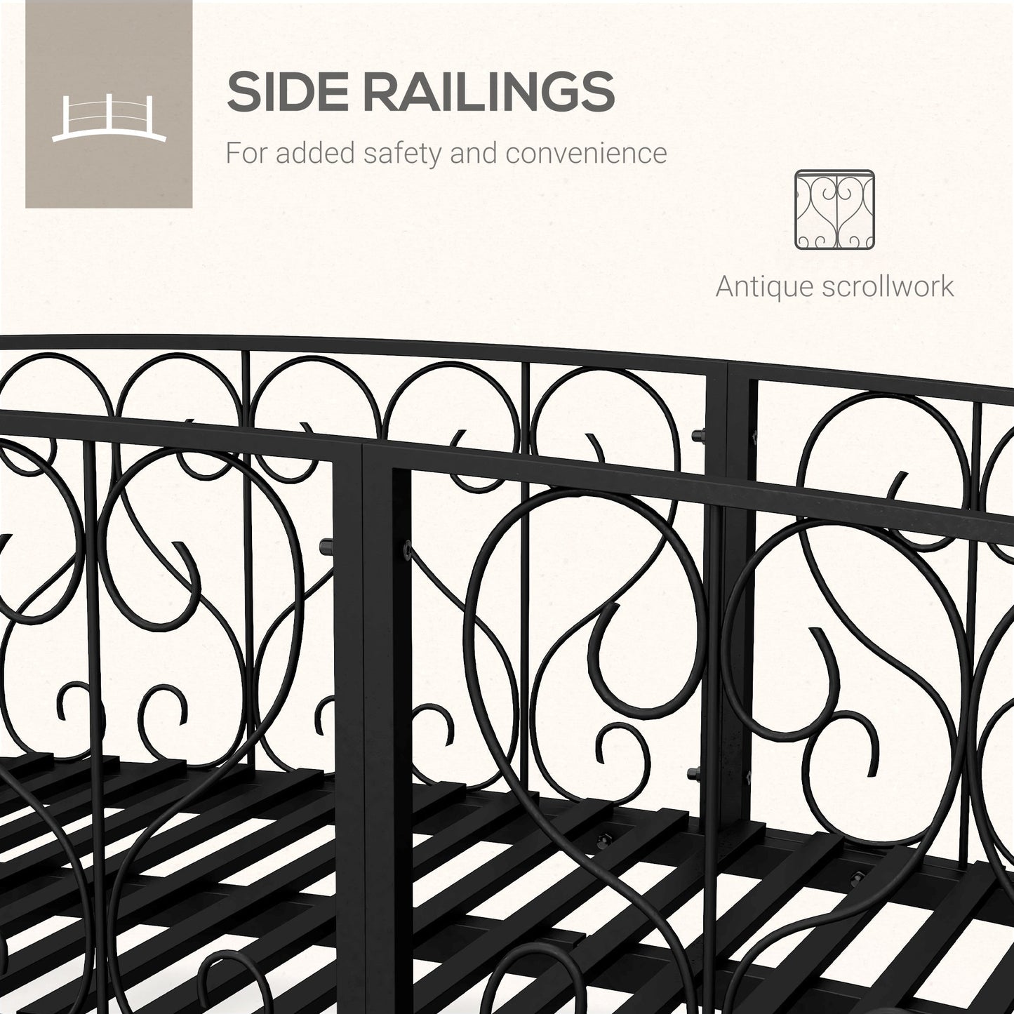 Outsunny 7' metal arch garden bridge side rails in black with decorative scrollwork on Tampa Home & Garden Store