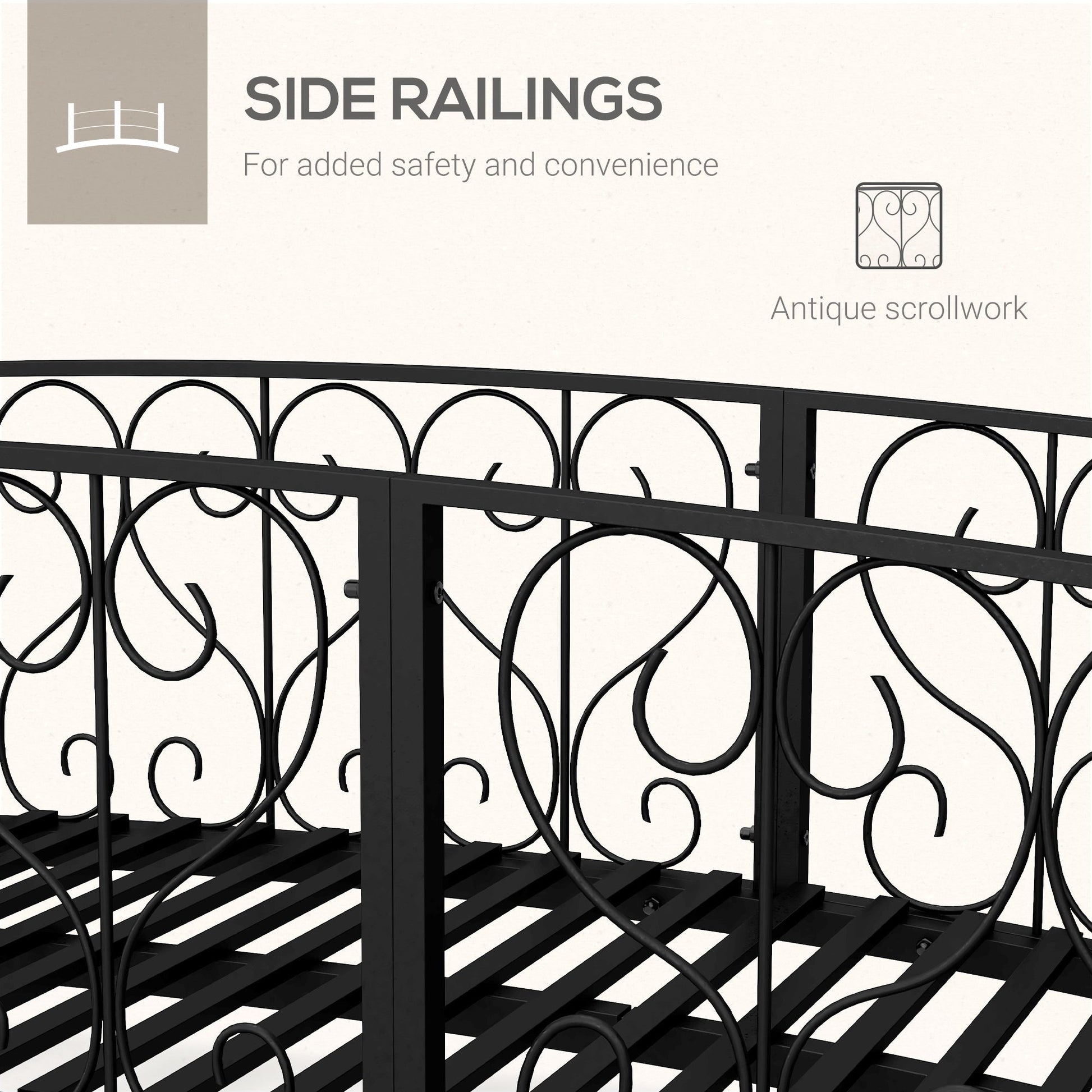 Outsunny 7' metal arch garden bridge side rails in black with decorative scrollwork on Tampa Home & Garden Store