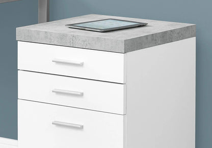 White filing cabinet with gray top, rolling drawers, tablet on top, Unique Piece Furniture on Tampa Home & Garden Store