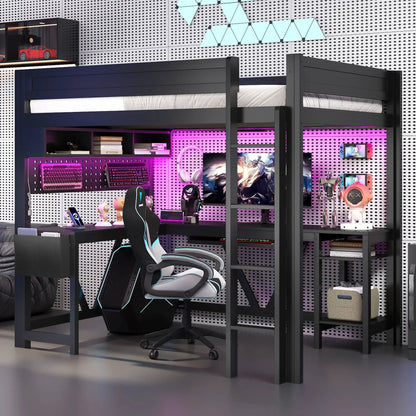 Gaming Loft Bed with Desk and LED Lighting