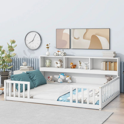 Floor Bed With Side Bookcase and Guard Rails