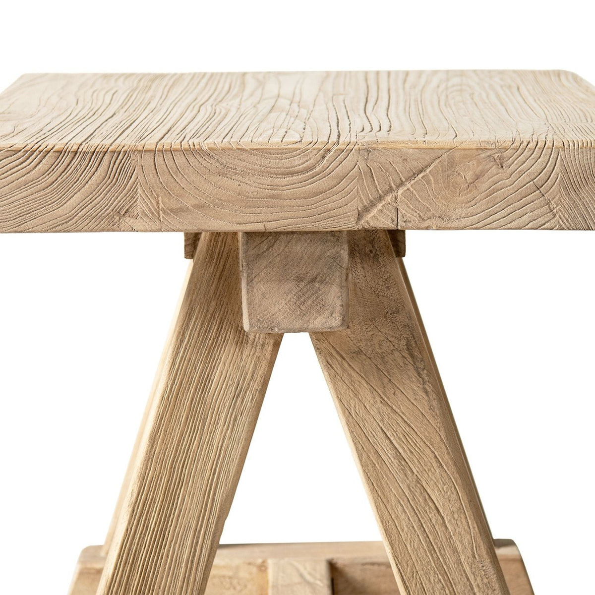 Trestle coffee table with solid reclaimed elm construction in natural light brown on Tampa Home & Garden Store