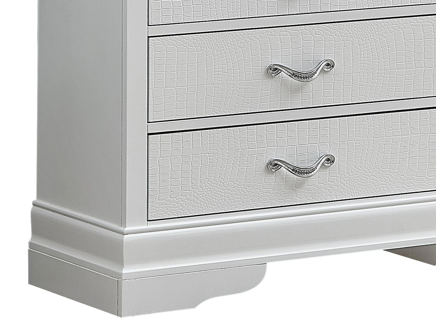 Lorana dresser by HouseOfZazla, white crocodile-embossed fronts with silver curved handles on Tampa Home & Garden Store