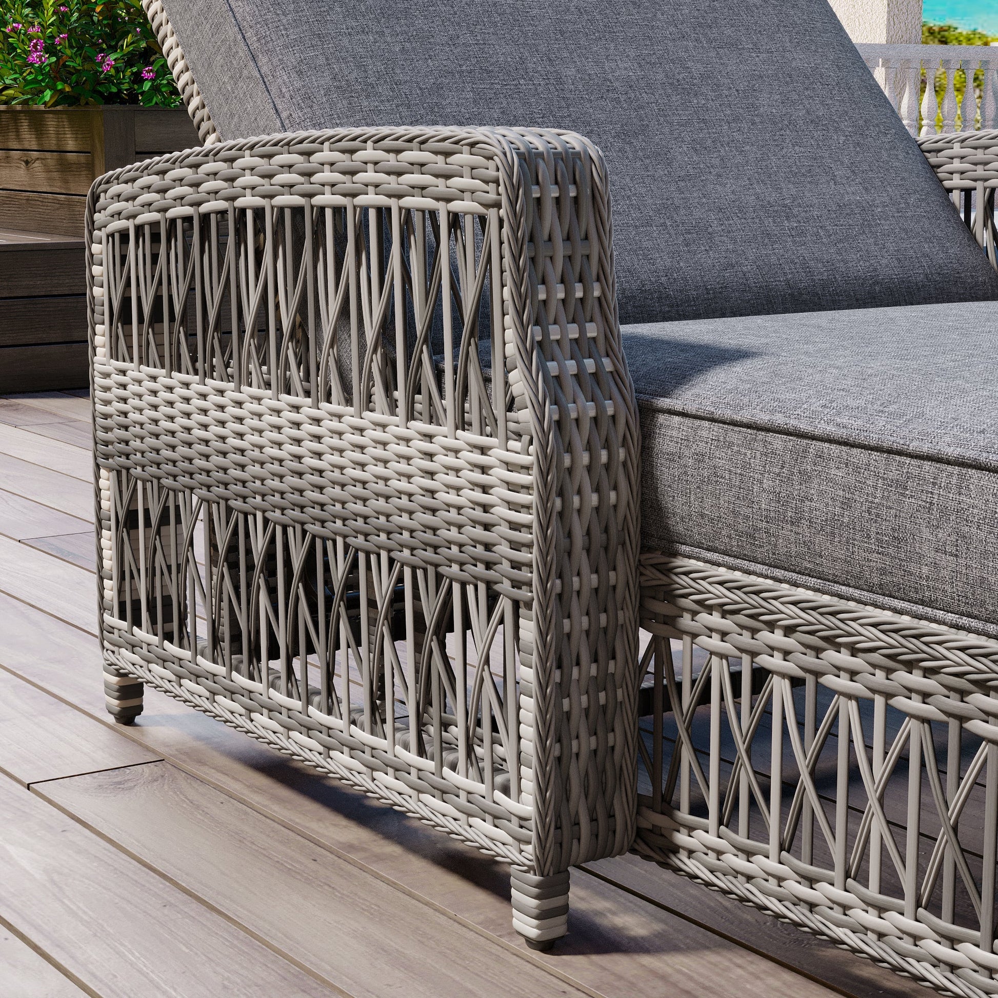 GO Outdoor Long Reclining Chaise with Armrests and Cushions in gray wicker by HouseOfZazla on Tampa Home & Garden Store