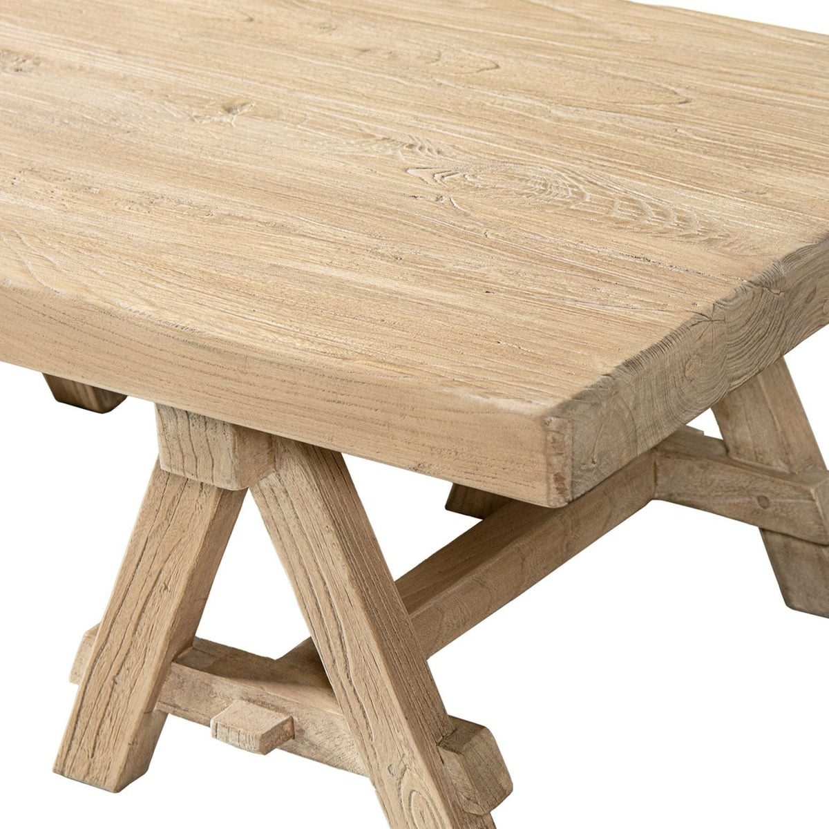 Trestle coffee table in solid reclaimed elm with light brown finish by HouseOfZazla on Tampa Home & Garden Store
