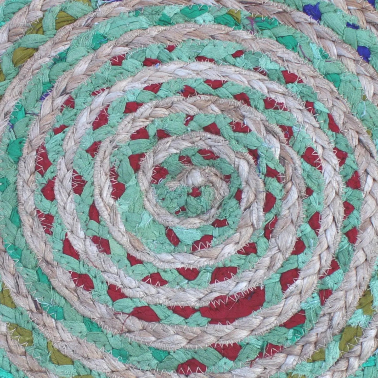 Margo handcrafted round pouf by Unique Piece Furniture; braided jute in green red beige on Tampa Home & Garden Store