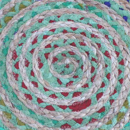 Margo handcrafted round pouf by Unique Piece Furniture; braided jute in green red beige on Tampa Home & Garden Store