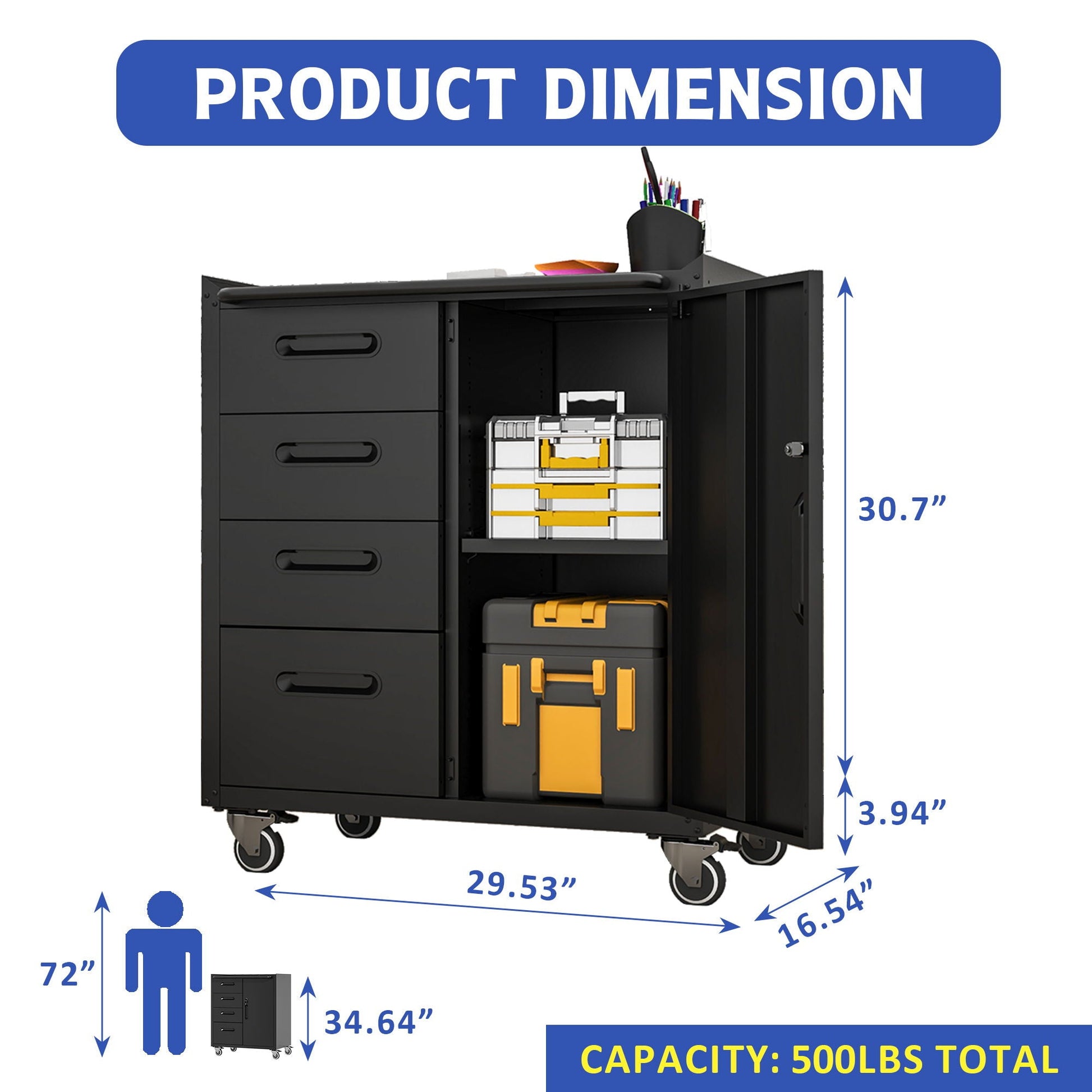 Sturdy metal tool cabinet on wheels, black steel with multiple drawers HouseOfZazla on Tampa Home & Garden Store
