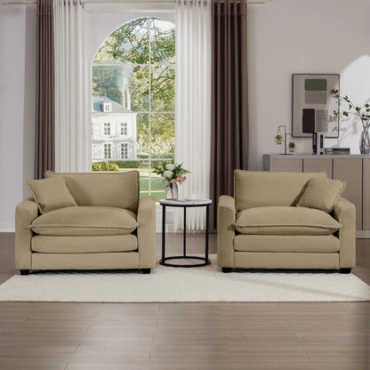 Modern Classic Fabric Arm Chairs beige upholstery with deep-seat cushions and pillows in living room on Tampa Home & Garden Store