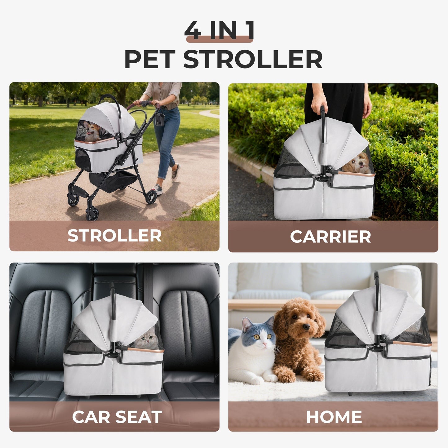4-Wheel Foldable Pet Stroller for Dogs and Cats gray fabric by HouseOfZazla on Tampa Home & Garden Store