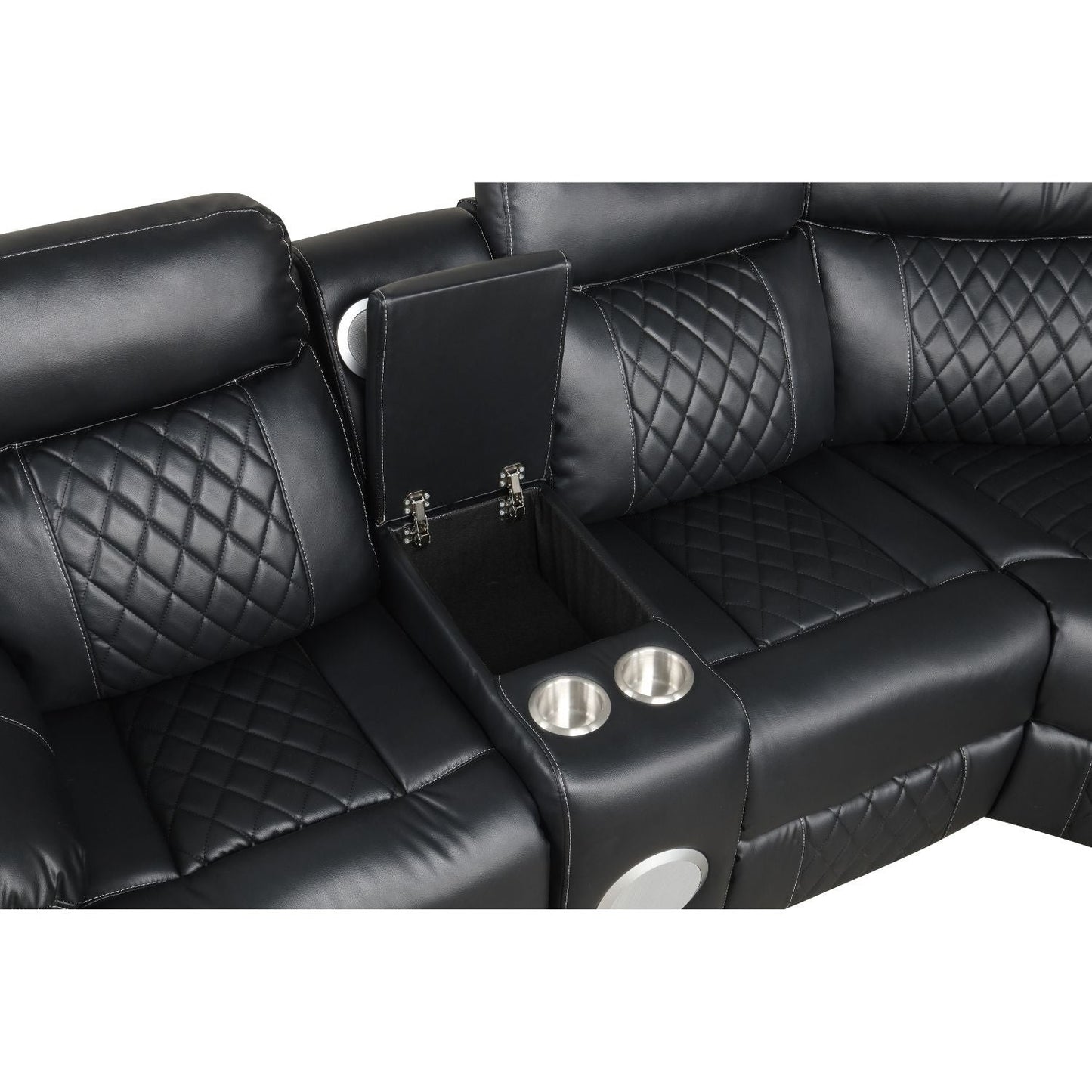 Lacrosse power reclining sectional sofa in black leather with diamond stitching and cup holders on Tampa Home & Garden Store