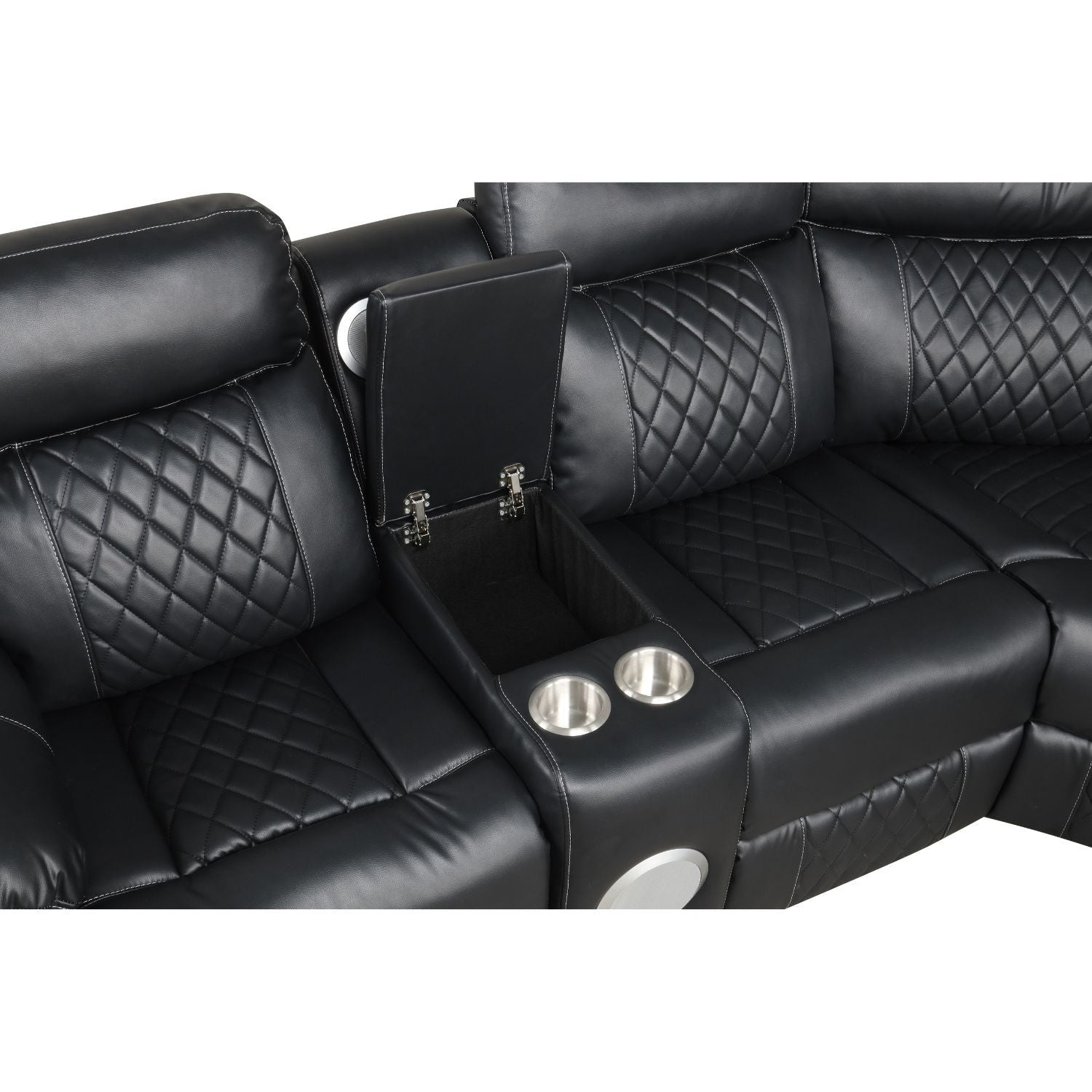 Lacrosse power reclining sectional sofa in black leather with diamond stitching and cup holders on Tampa Home & Garden Store
