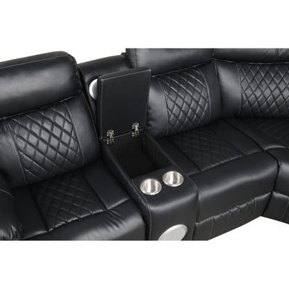 Lacrosse power reclining sectional sofa in black leather with diamond stitching and cup holders on Tampa Home & Garden Store