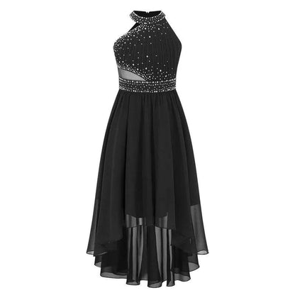 Black lace mesh dress by FLIPSTYLEZLLC with beaded bodice and halter neck, chiffon skirt on Tampa Home & Garden Store