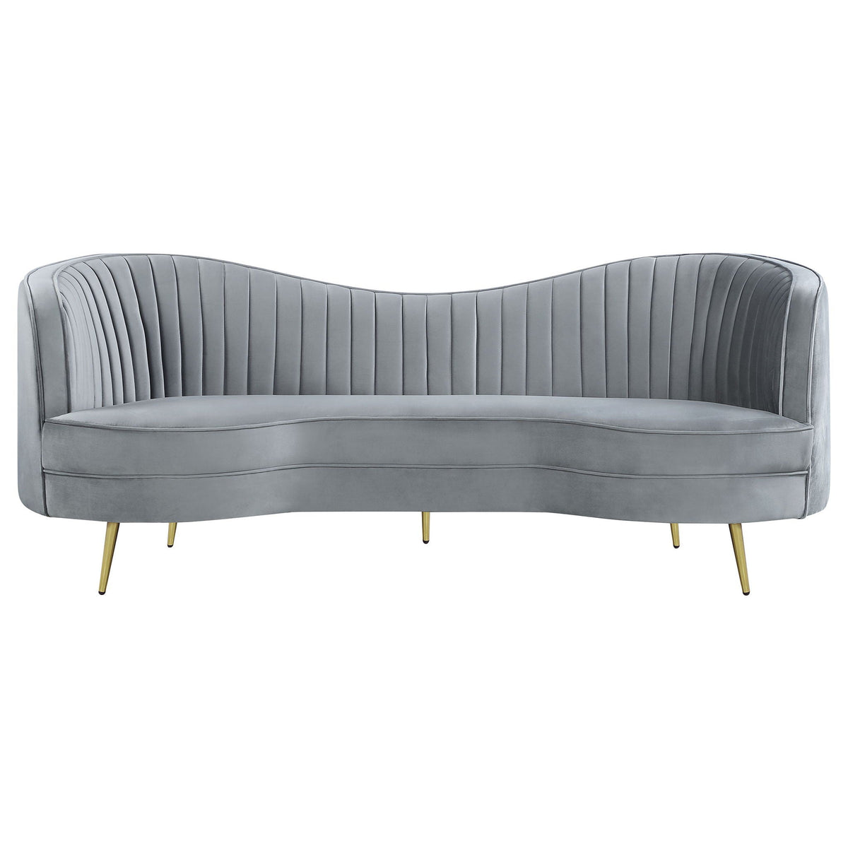 Reigha upholstered gray sofa with channel tufted backrest, curved arms, and gold legs on Tampa Home & Garden Store