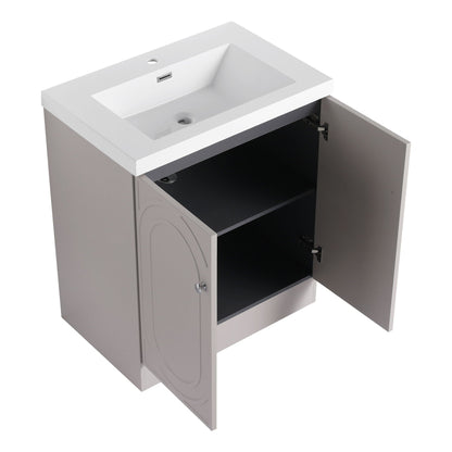 HouseOfZazla freestanding vanity with white resin sink, gray cabinet, door open for storage on Tampa Home & Garden Store