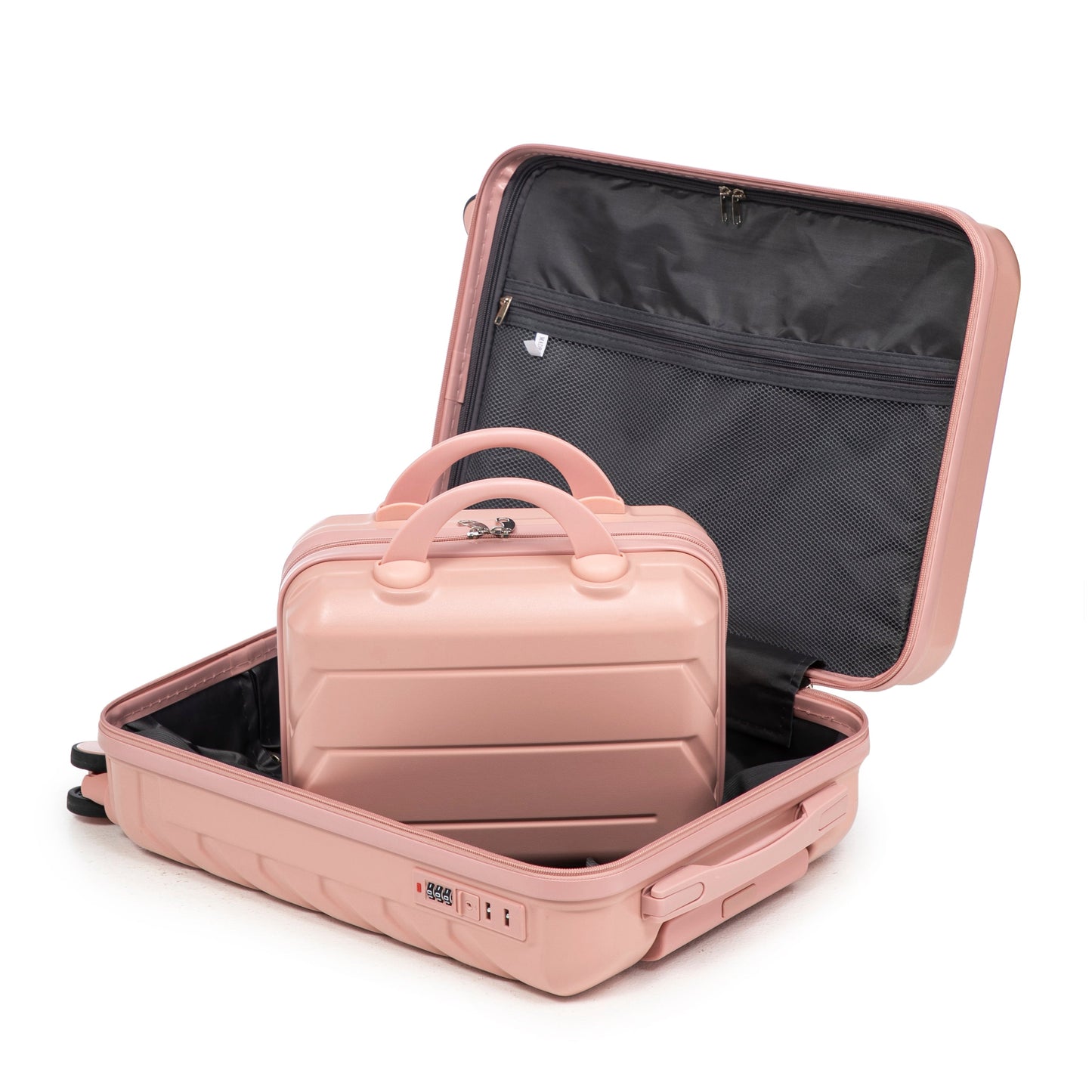 HouseOfZazla pink 2-Piece ABS spinner luggage set with black interior mesh and combo lock on Tampa Home & Garden Store