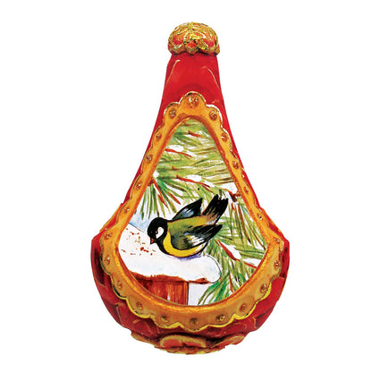 Goldfinch sculpted hand-painted ornament red base with gold trim by G. DeBrekht on Tampa Home & Garden Store