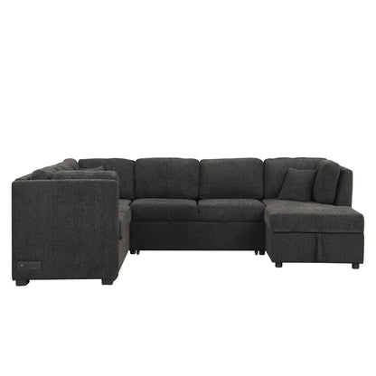 U-shaped sleeper sectional sofa with storage chaise, USB ports, gray by HouseOfZazla on Tampa Home & Garden Store