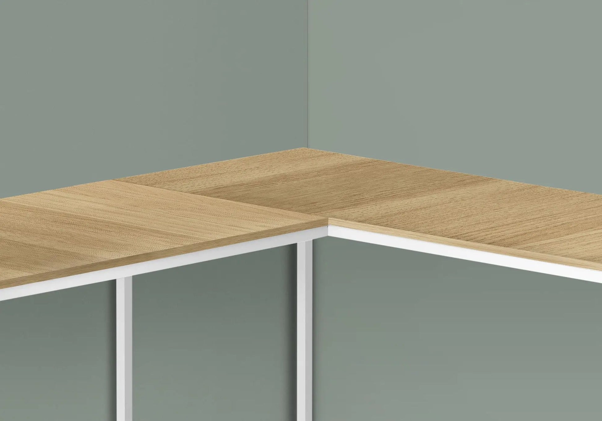 Corner L-shaped computer desk with natural wood grain top and white metal frame on Tampa Home & Garden Store