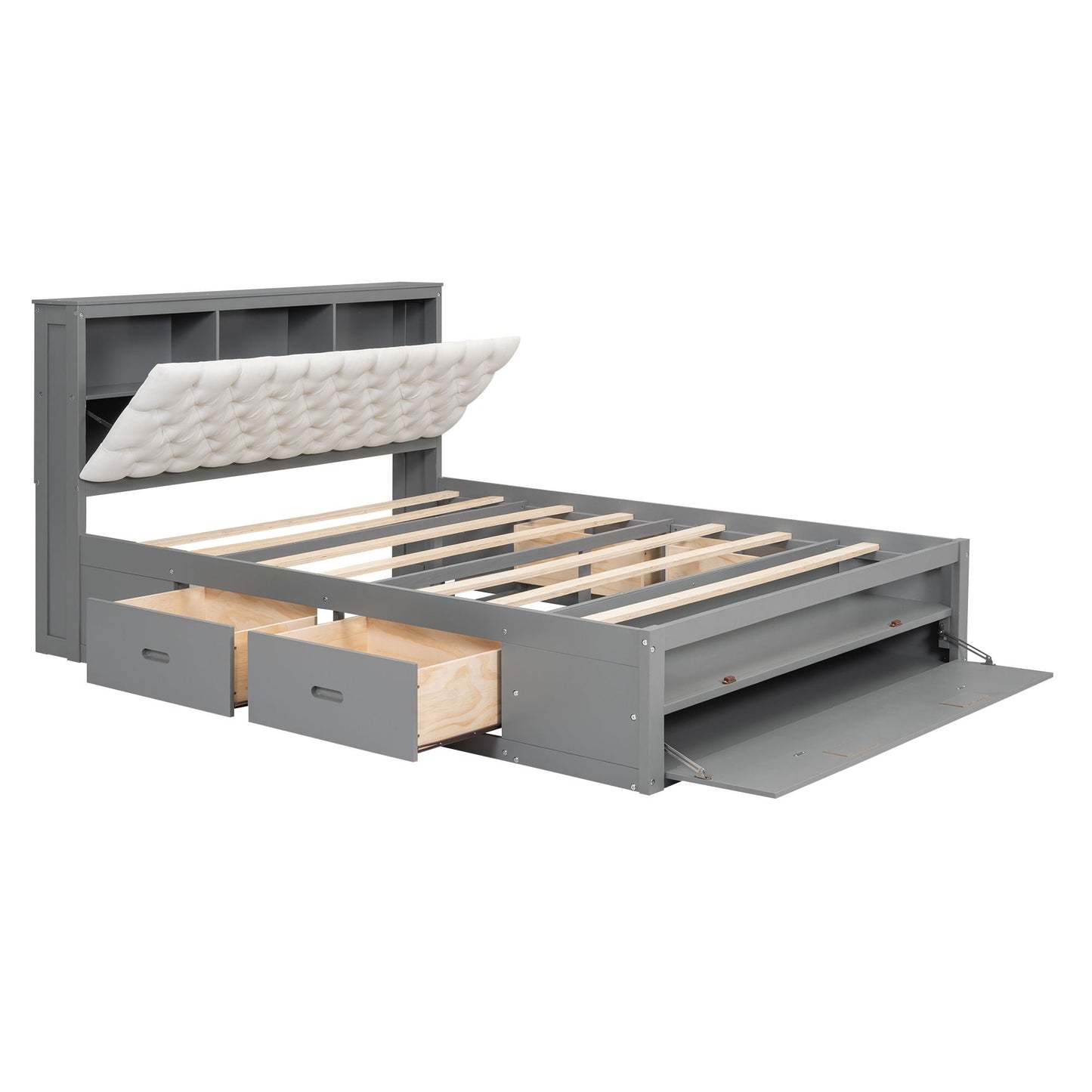 Platform bed with storage headboard and shoe rack, gray frame, 4 drawers on Tampa Home & Garden Store