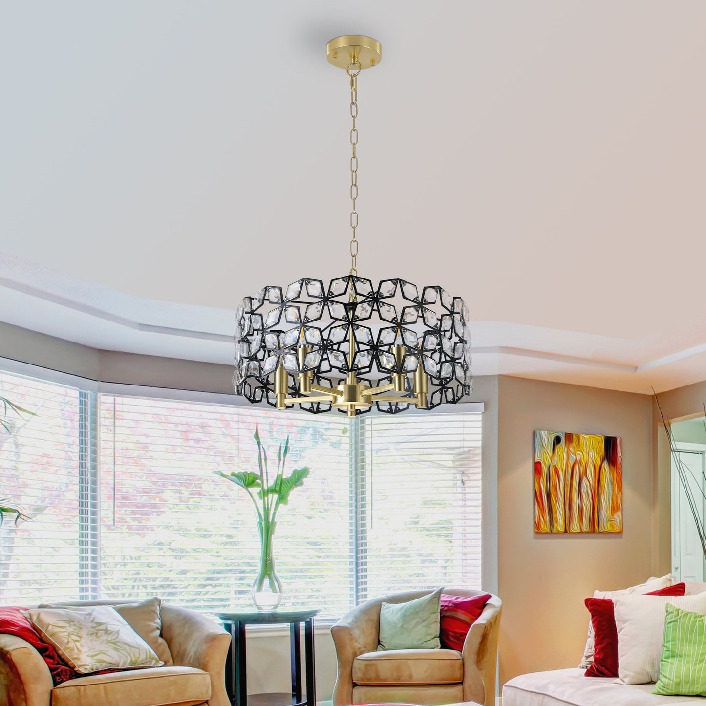 19in geometric crystal black-gold round pendant chandelier with chain by HouseOfZazla on Tampa Home & Garden Store