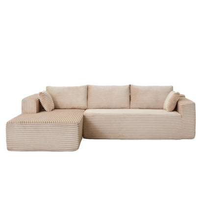 Beige corduroy stationary L-shaped sectional with chaise and seating, matching cushions on Tampa Home & Garden Store