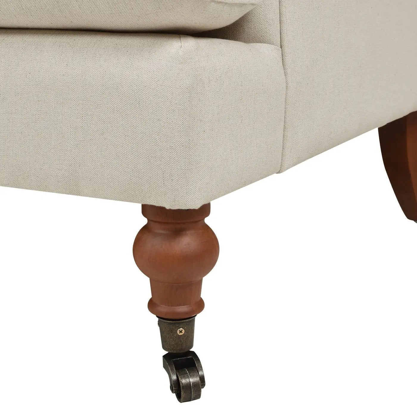 Alana Lawson Accent Arm Chair with beige upholstery, wood bun legs and casters on Tampa Home & Garden Store