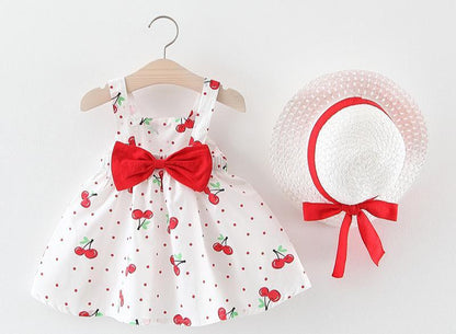 Stevvex cherry-dot baby two-piece dress set with red bow and white hat on Tampa Home & Garden Store