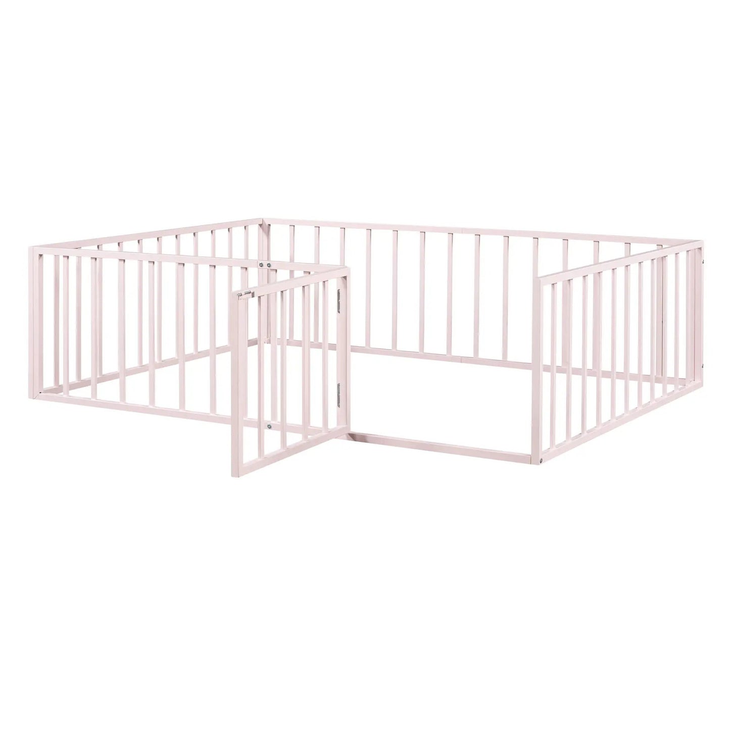 Metal floor bed frame with fence and door in pink metal, panel bed design on Tampa Home & Garden Store