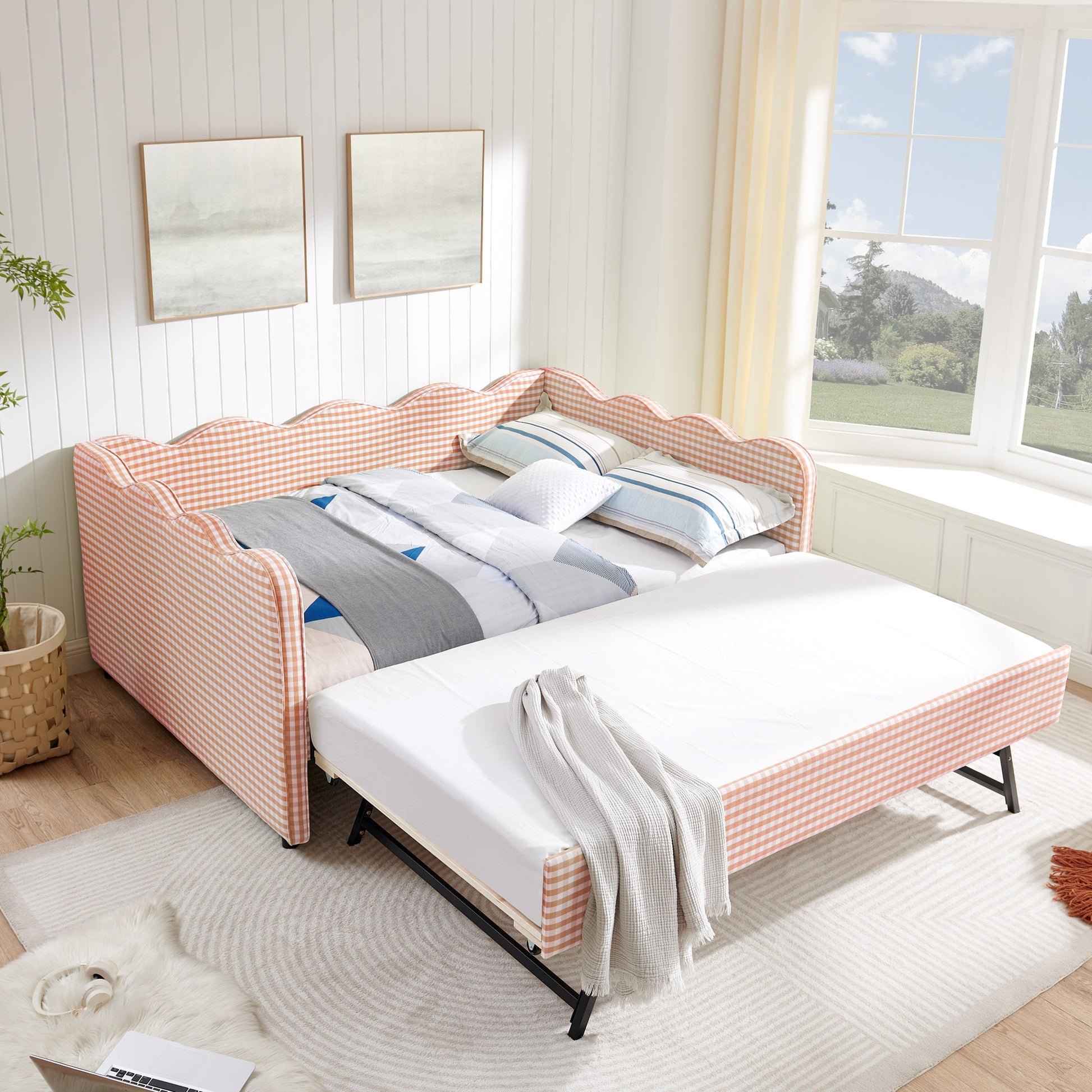Full Size Cozy Gingham Daybed with Twin Size Trundle in pink gingham fabric by HouseOfZazla on Tampa Home & Garden Store
