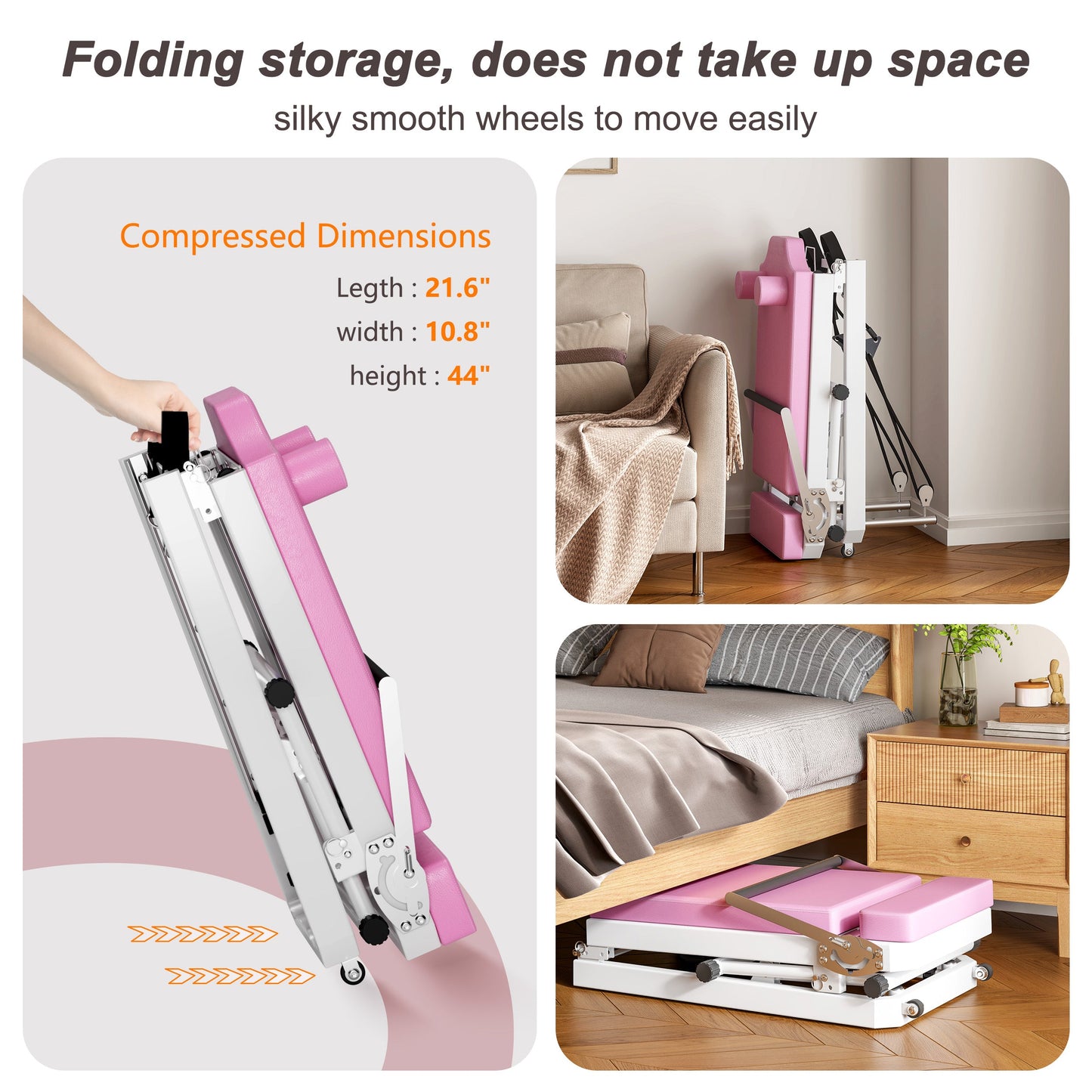 Foldable Pilates Core Bed by HouseOfZazla in pink with compact wheels for easy storage on Tampa Home & Garden Store