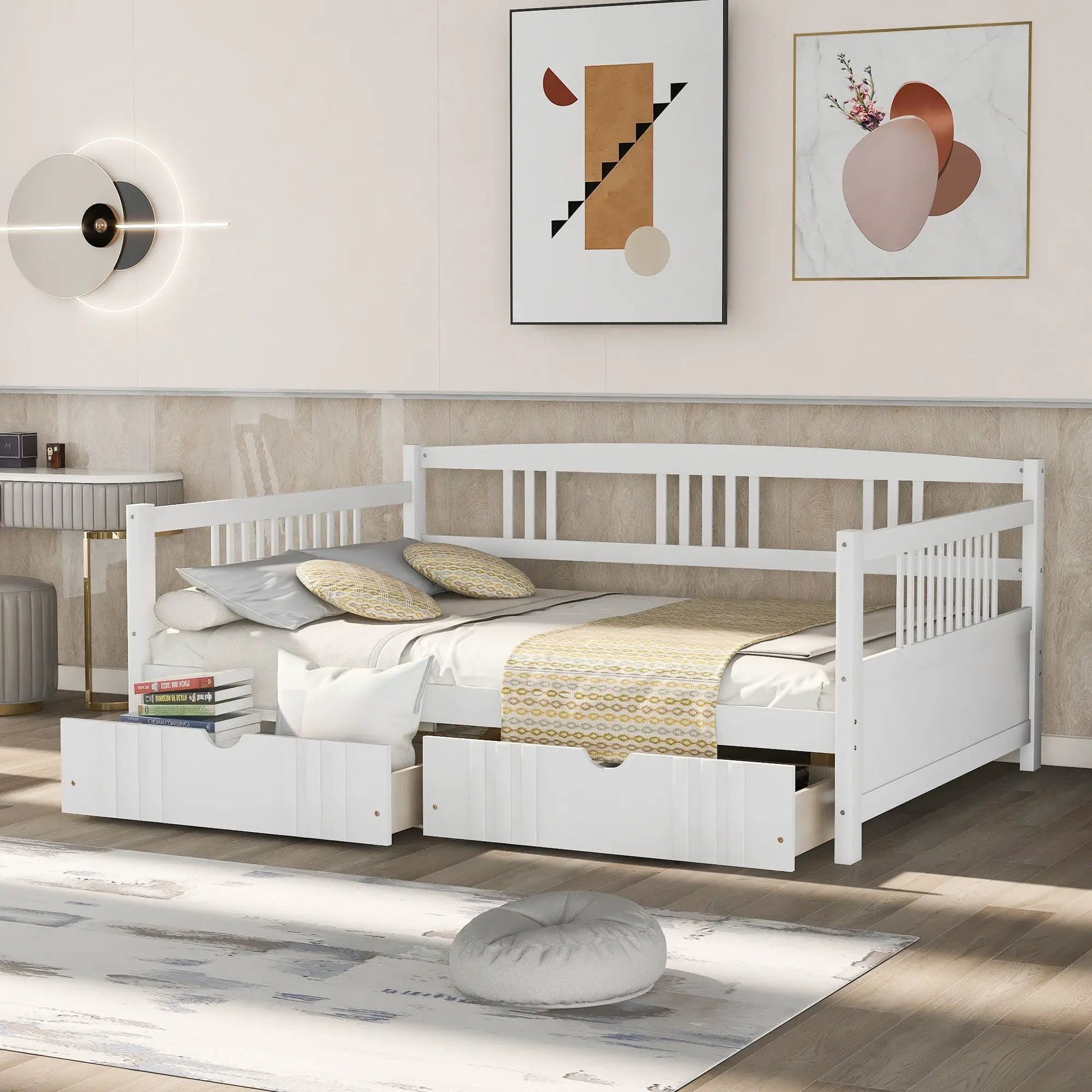 Multifunctional modern daybed with two underbed drawers, white finish and grey bedding on Tampa Home & Garden Store