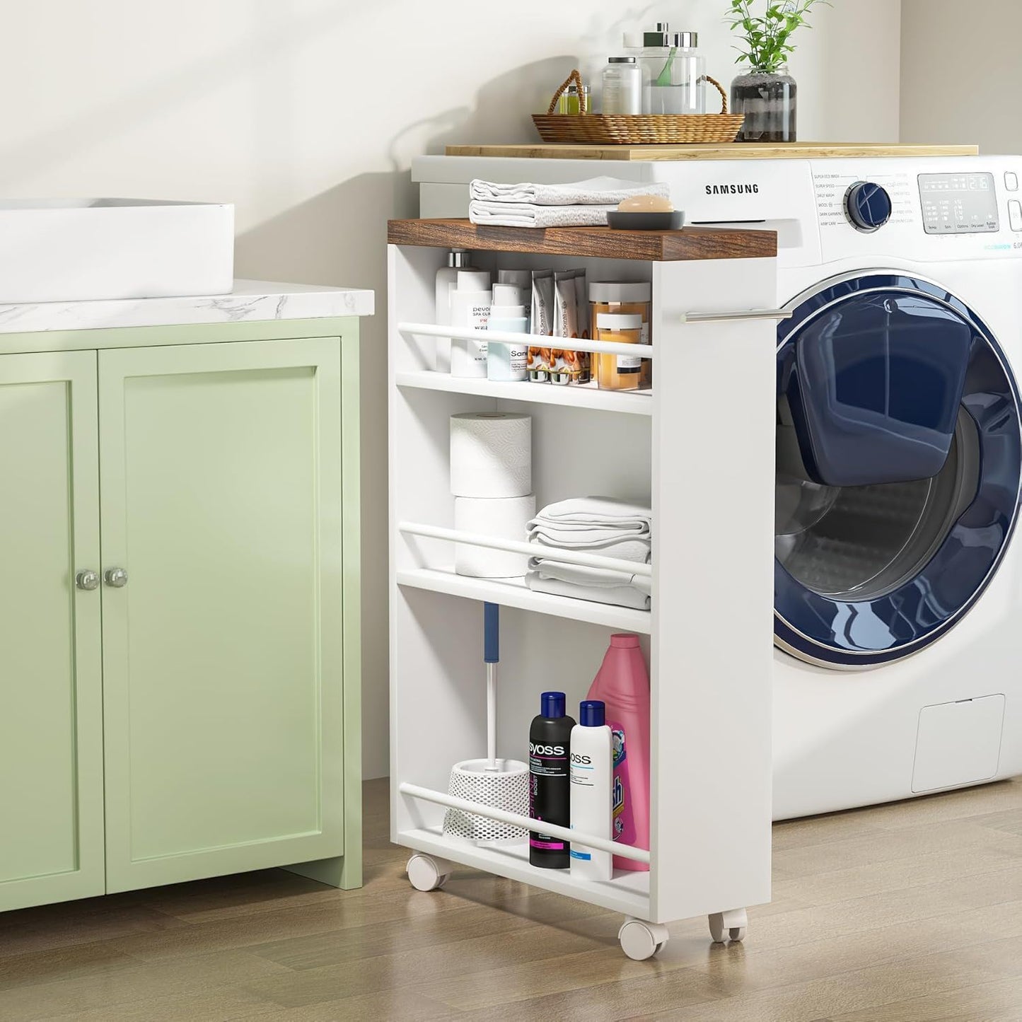 4-tier narrow rolling kitchen slim storage cart by HouseOfZazla with white frame and wood top on Tampa Home & Garden Store