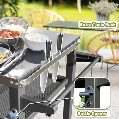 Stainless 3 Shelf Grill Table with Wheels