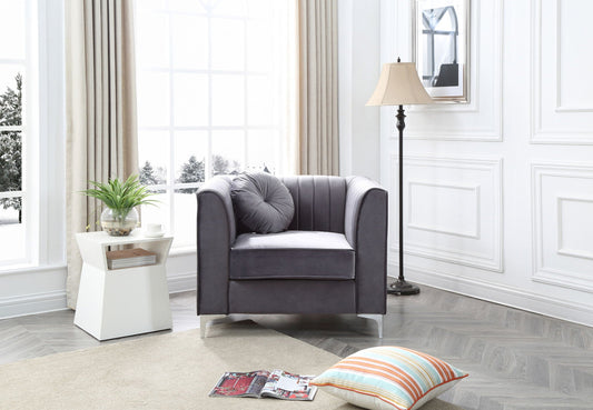 Contemporary Sloped Armchair in gray velvet with round tufted cushion on Tampa Home & Garden Store
