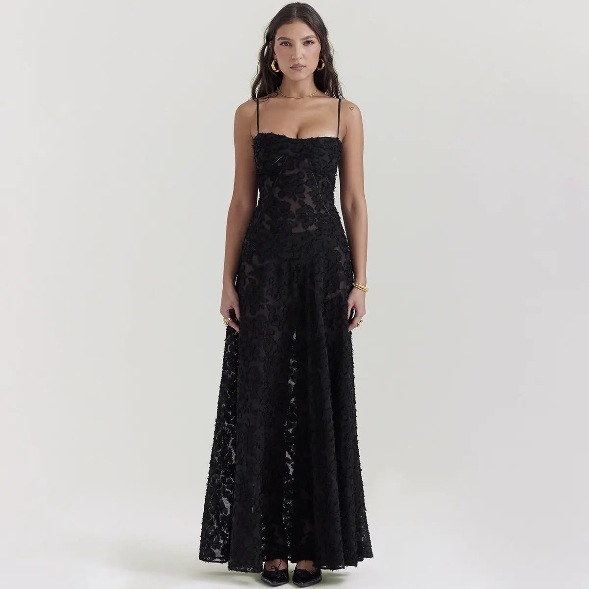 Black lace long dress spaghetti straps, sheer floral overlay, floor-length evening gown on Tampa Home & Garden Store