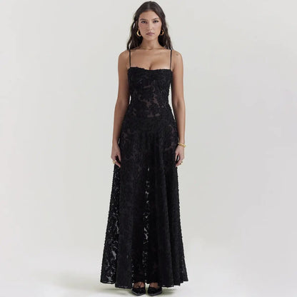 Black lace long dress spaghetti straps, sheer floral overlay, floor-length evening gown on Tampa Home & Garden Store