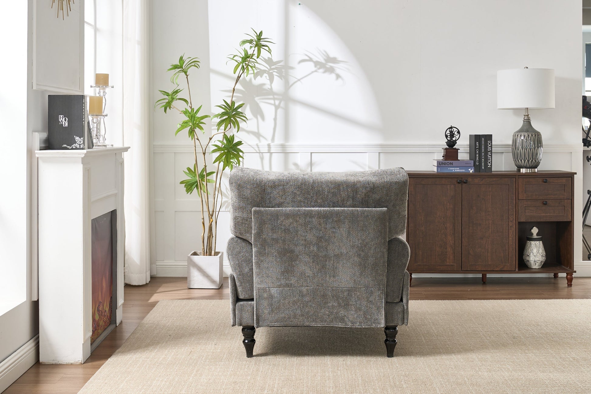 Modern grey upholstered chaise lounge sofa recliner by HouseOfZazla with dark wood legs on Tampa Home & Garden Store