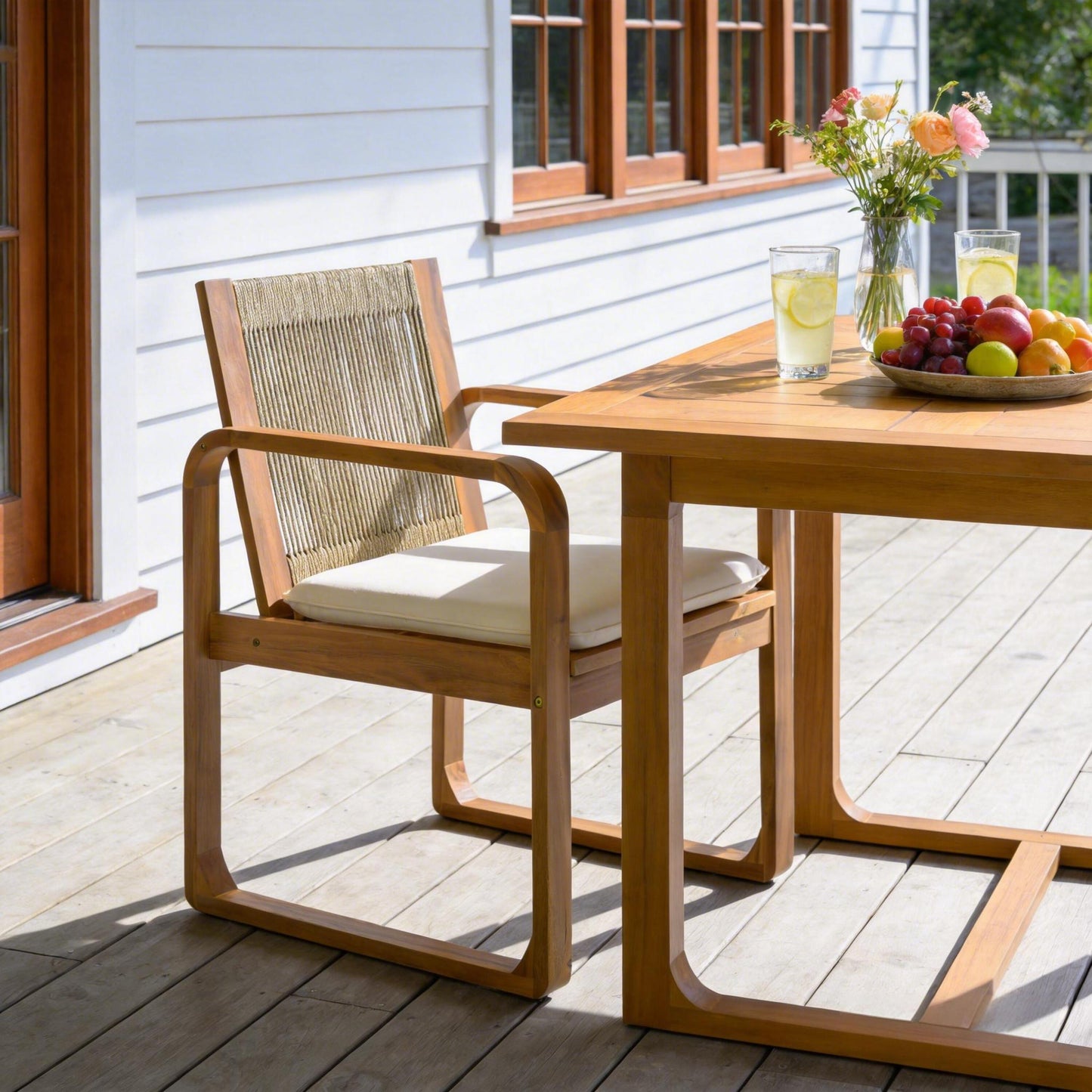 Two Outdoor Dining Chairs and Acacia Wood Rope