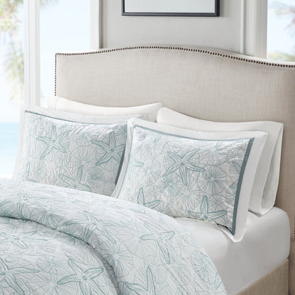 White cotton duvet cover mini set with teal embroidered seashells, HouseOfZazla, Full/Queen on Tampa Home & Garden Store