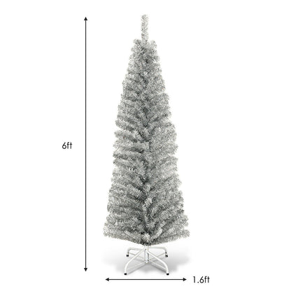 6ft silver tinsel tree, unlit slim pencil, DirectDeals on metal stand on Tampa Home & Garden Store
