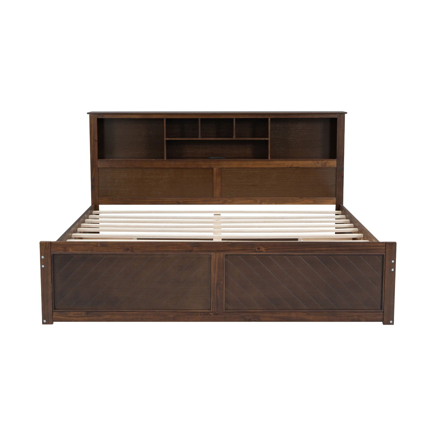 Platform bed with dark wood storage headboard and open cubby shelves on Tampa Home & Garden Store
