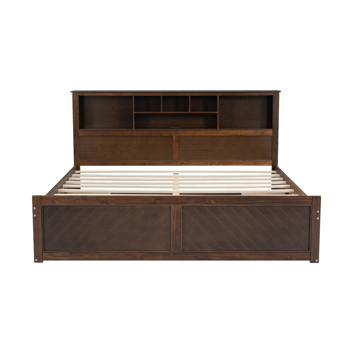 Platform bed with dark wood storage headboard and open cubby shelves on Tampa Home & Garden Store