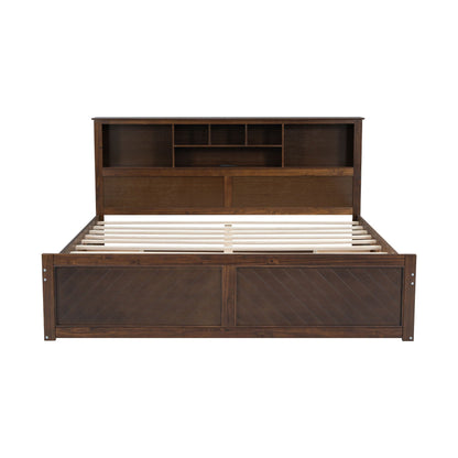 Platform bed with dark wood storage headboard and open cubby shelves on Tampa Home & Garden Store