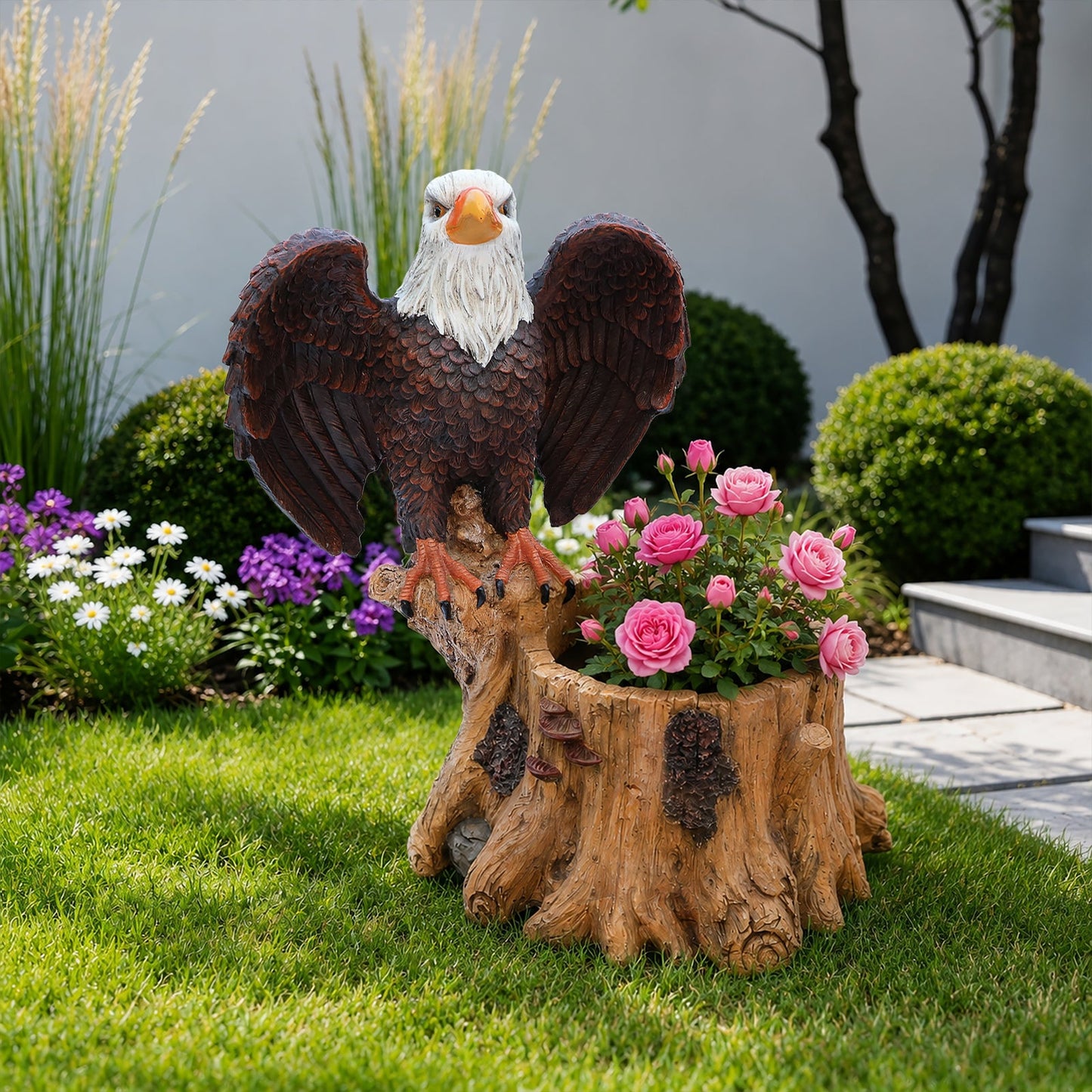 Majestic Eagle Garden Planter Pot statue with spread wings; brown body, white head on Tampa Home & Garden Store